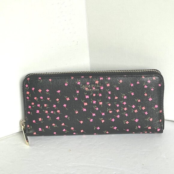 Kate Spade Sylvia Pink Floral Slim Wallet Womens Black Saffiano Zip Around - Picture 10 of 10